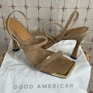 Good American Suede Strappy Heels Gold Square Toe Sz 9 Light Brown Leather New